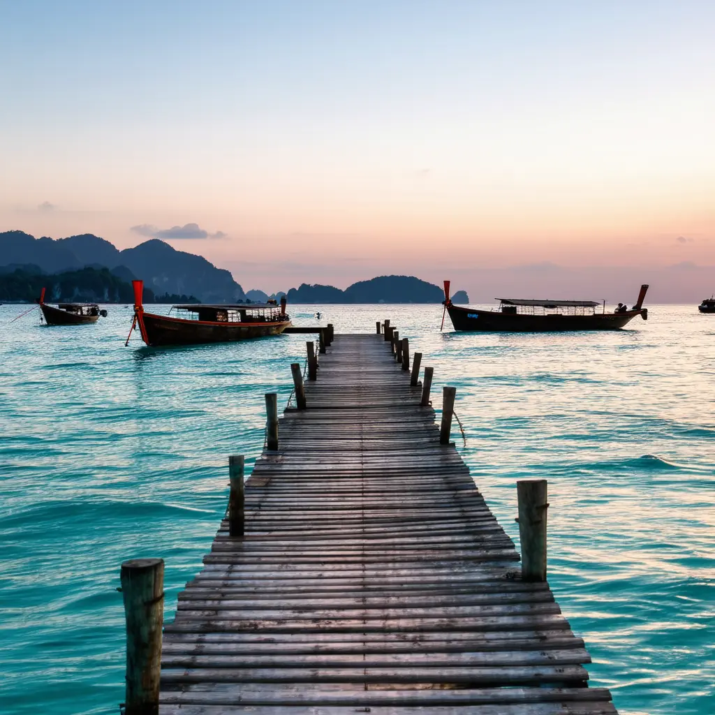 Koh Tao pier at sunrise, a weathered wooden jetty stretching into calm turquoise water with longtail boats anchored offshore under a soft pastel sky and silhouetted island peaks