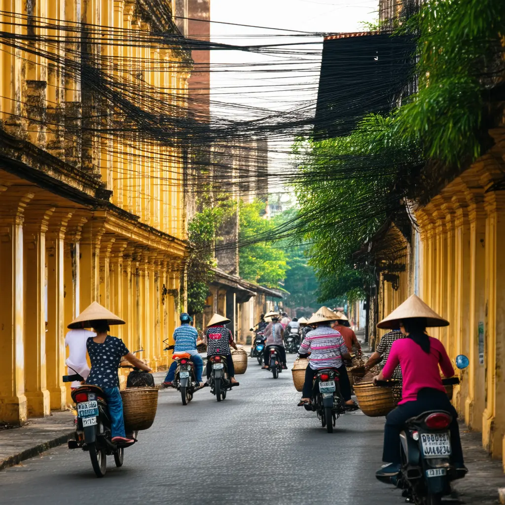 Narrow Old Quarter lane crowded with motorbikes under tangled overhead power lines, faded yellow French colonial facades, and street vendors in conical hats
