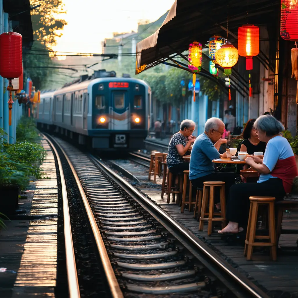 Hanoi Train Street at dusk with cafes and tiny stools lining a narrow rail track, locals sipping coffee inches from the rails under colorful lanterns