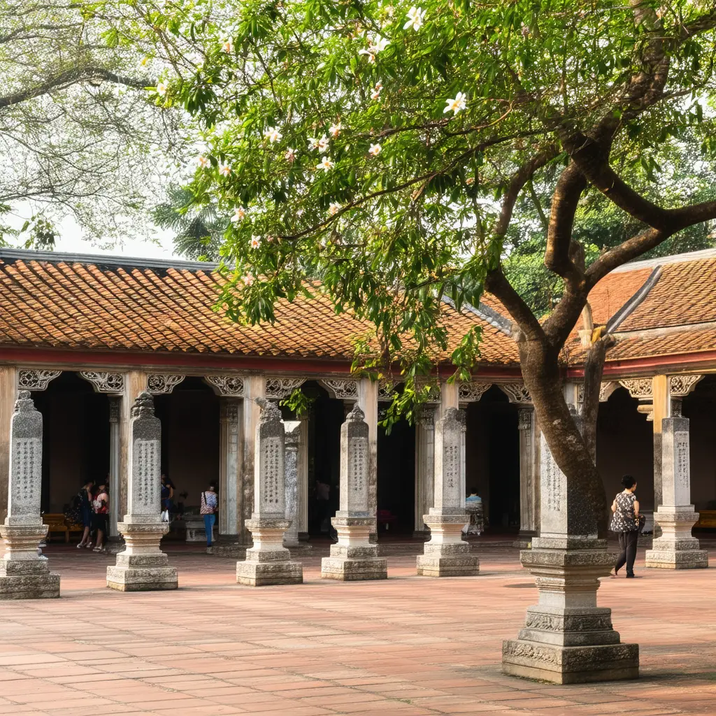 Temple of Literature courtyard with ancient stone steles on tortoise pedestals, traditional curved tile rooftops, and frangipani trees in soft morning light