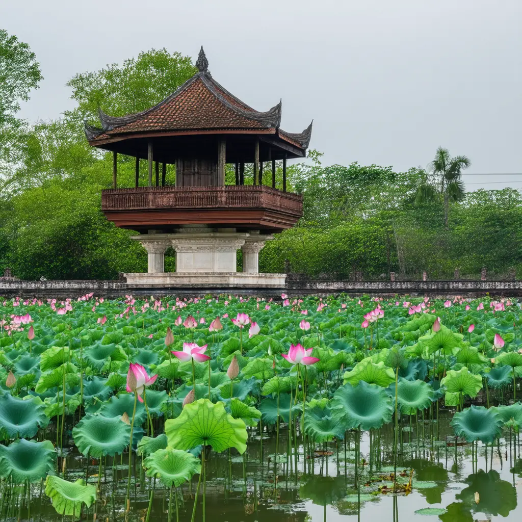 One Pillar Pagoda, a small wooden temple rising from a single stone column above a lotus pond filled with blooming pink lotus flowers in soft overcast light