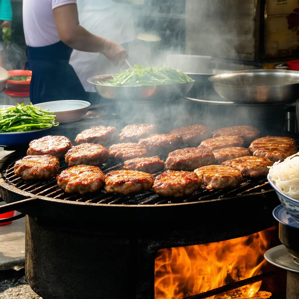 Bun cha street stall with a charcoal grill smoking caramelized pork patties, plates of fresh herbs and rice noodles, and locals on tiny plastic stools in golden afternoon light