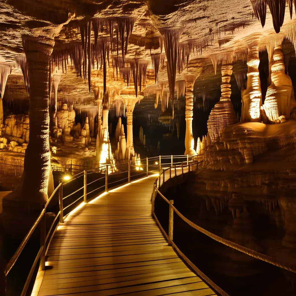 Sung Sot Cave interior, a vast limestone cavern with dramatic stalactites and stalagmites lit warm artificial light and a wooden walkway winding through the chamber