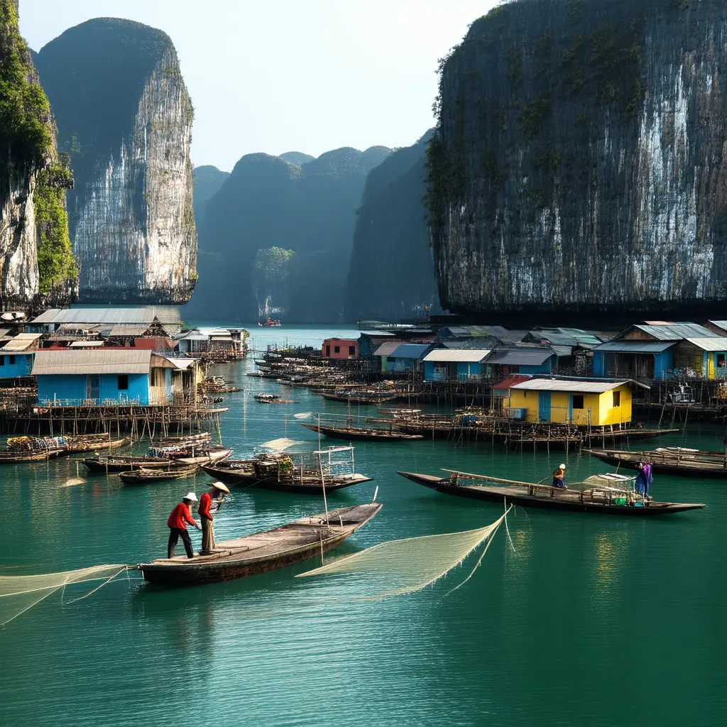 Floating fishing village in Halong Bay with colorful wooden houses on pontoons clustered between towering karst cliffs and small sampans tied alongside