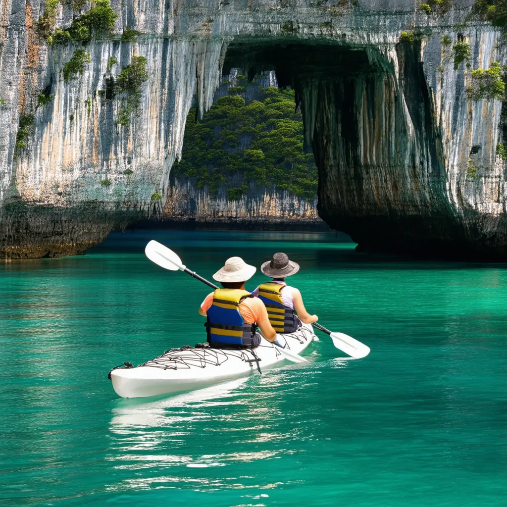 Two travelers kayaking on clear blue-green water beneath an immense limestone arch in a hidden lagoon surrounded by jungle-covered cliffs in Lan Ha Bay