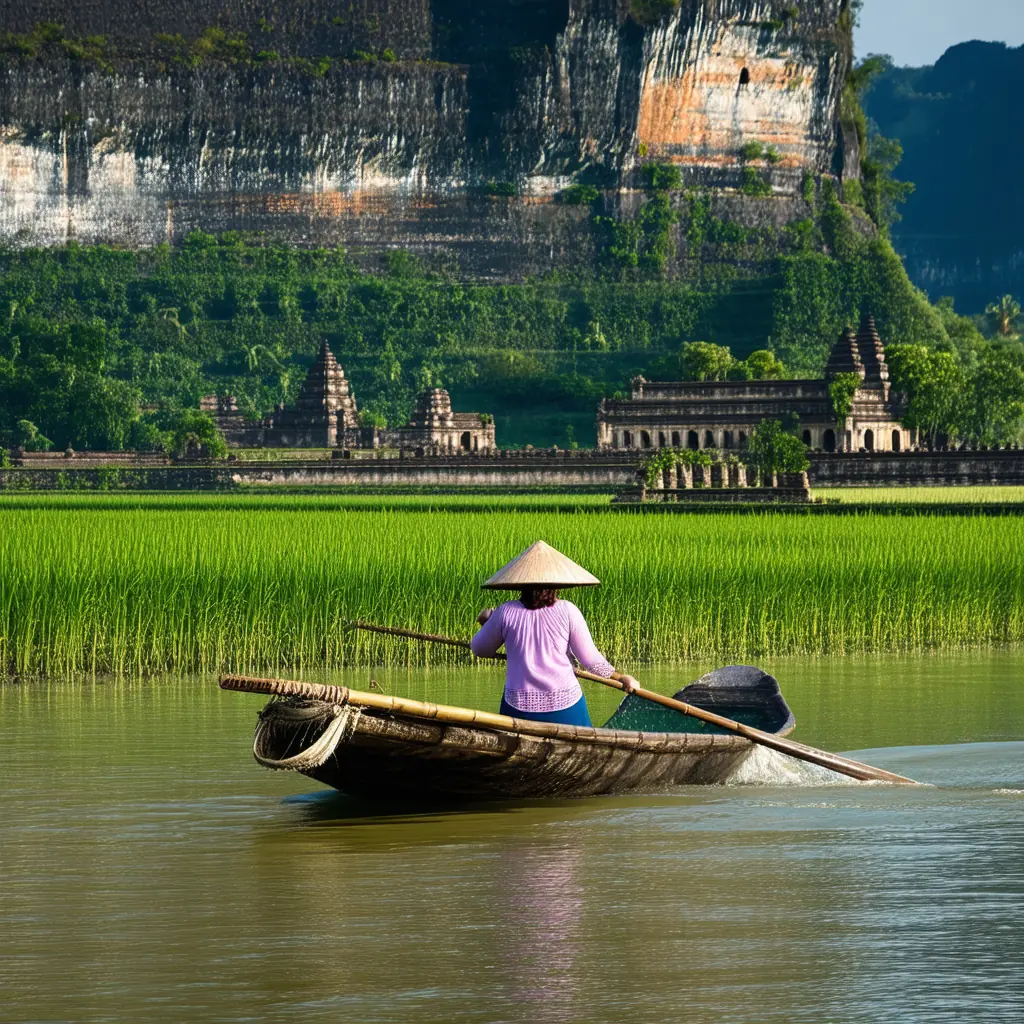 A woman in a conical hat rowing a small bamboo sampan with her feet through Trang An, passing limestone karsts and emerald rice paddies with an ancient temple at the base of a cliff