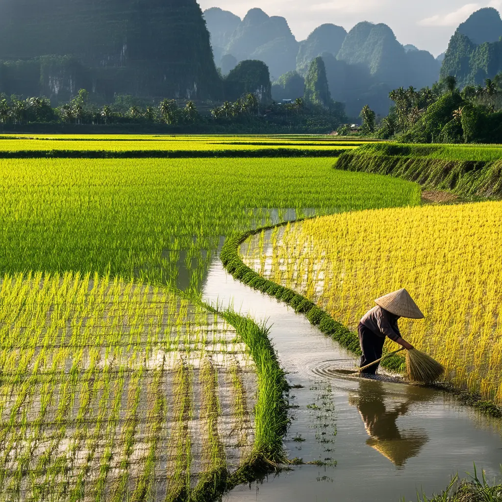 Tam Coc rice harvest with golden ripe paddies between towering karst mountains, farmers in conical hats harvesting by hand, and a river winding through the fields in soft afternoon light
