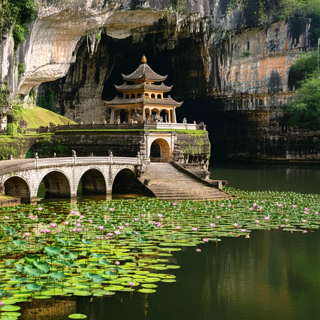 Bich Dong Pagoda built into a limestone cave, an ancient three-tiered temple nestled against a moss-covered cliff with a lotus pond and arched stone bridge in the foreground