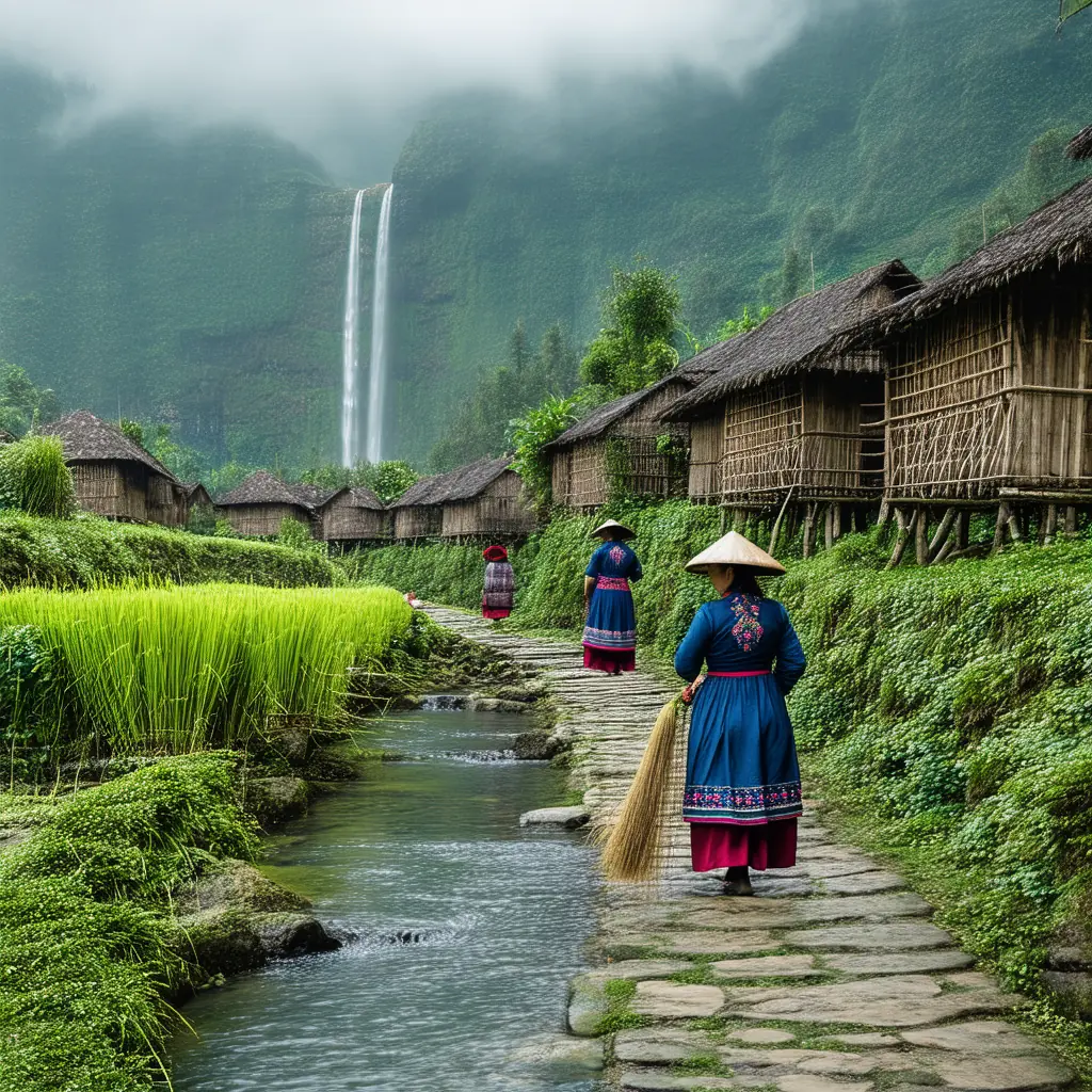 Cat Cat village with traditional wooden Hmong stilt houses along a stone path, women in indigo embroidered dress weaving hemp, and a mountain stream with waterfall behind in soft overcast light