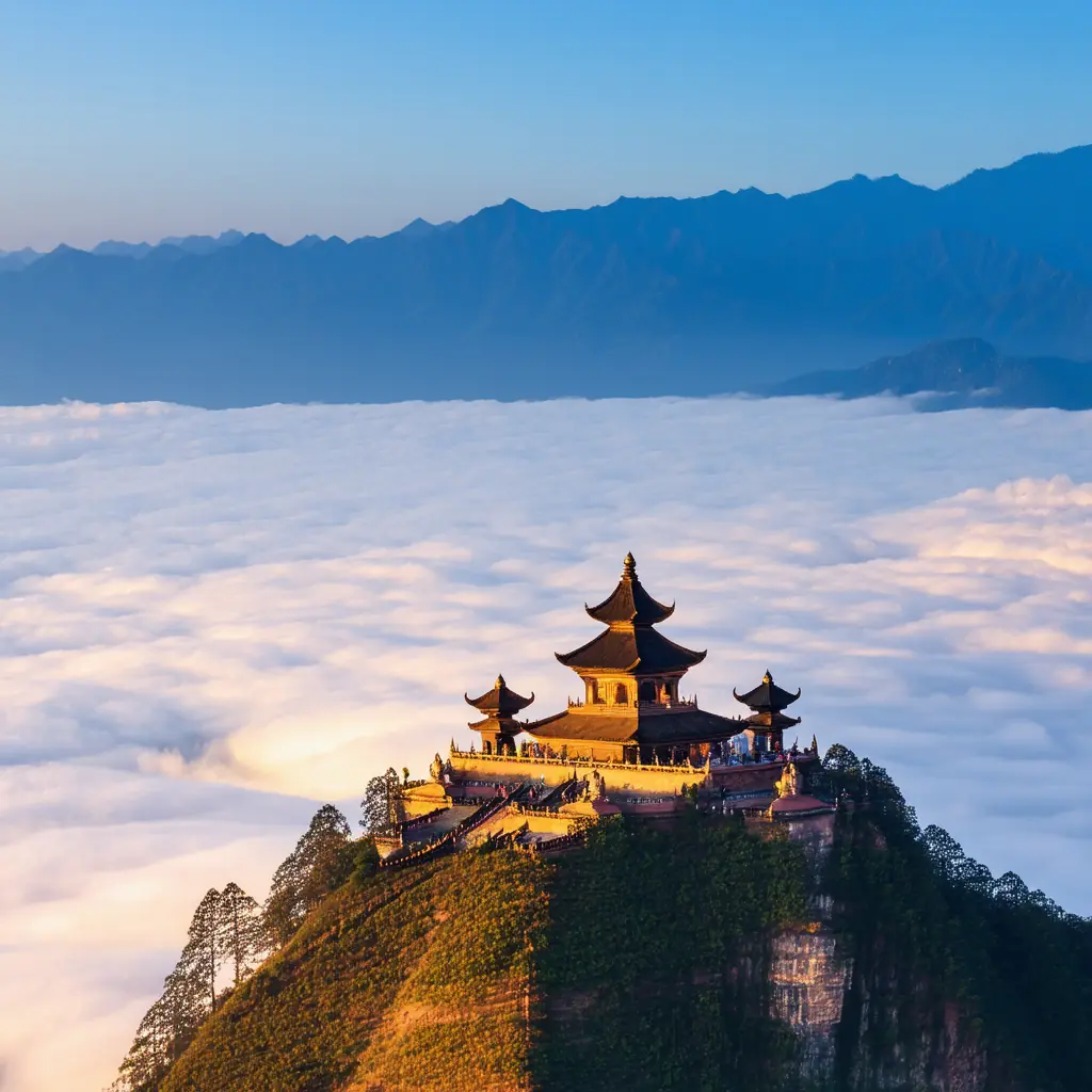 Fansipan summit at sunrise with the bronze pagoda and giant Buddha statues rising above a sea of clouds, the distant Hoang Lien Son mountains lit by golden alpine light