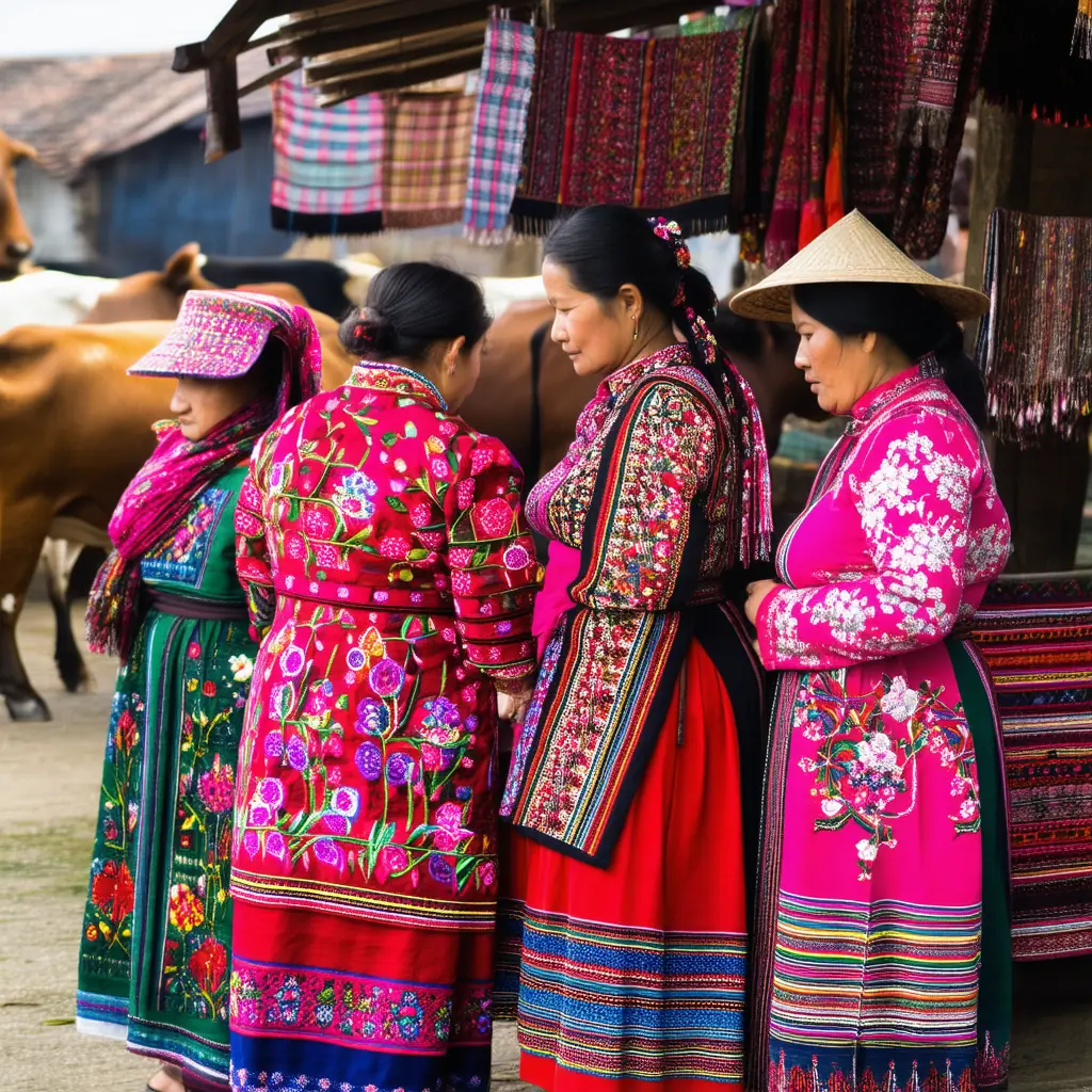 Bac Ha Sunday market with Flower Hmong hill-tribe women in vibrant red and pink embroidered dress browsing colorful textile stalls, livestock visible in the background under warm morning light