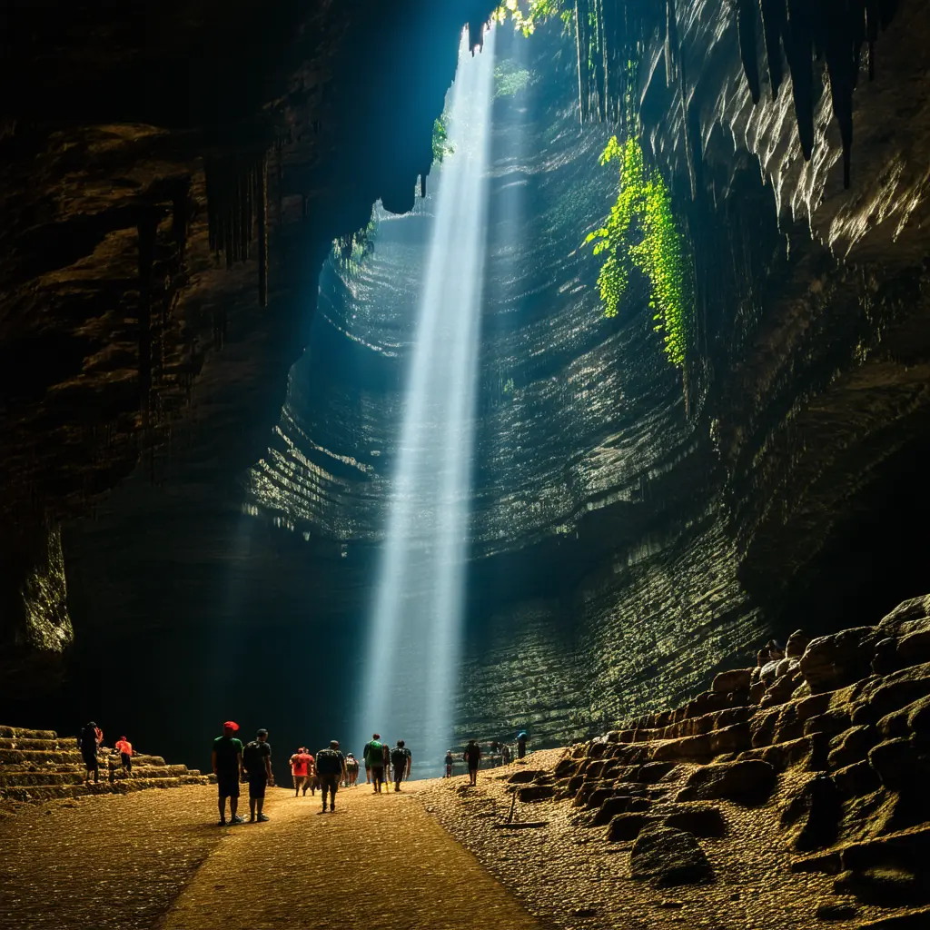 Son Doong cave interior, the world&rsquo;s largest cave, with a colossal underground jungle and a beam of sunlight pouring through a doline onto ancient stalagmites, tiny figures of explorers giving scale