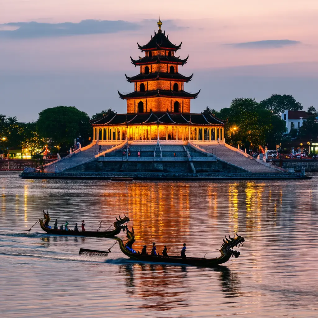 Thien Mu Pagoda at dusk with the seven-tiered octagonal brick tower rising above the Perfume River, dragon boats drifting on the water in warm sunset light