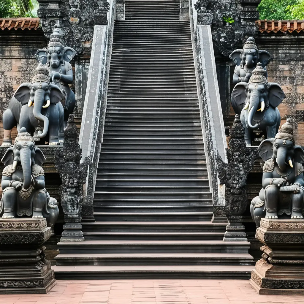 Khai Dinh Royal Tomb with an ornate gray stone staircase guarded by rows of carved mandarin and elephant statues, dramatic blackened concrete facades blending Eastern and European styles in afternoon light