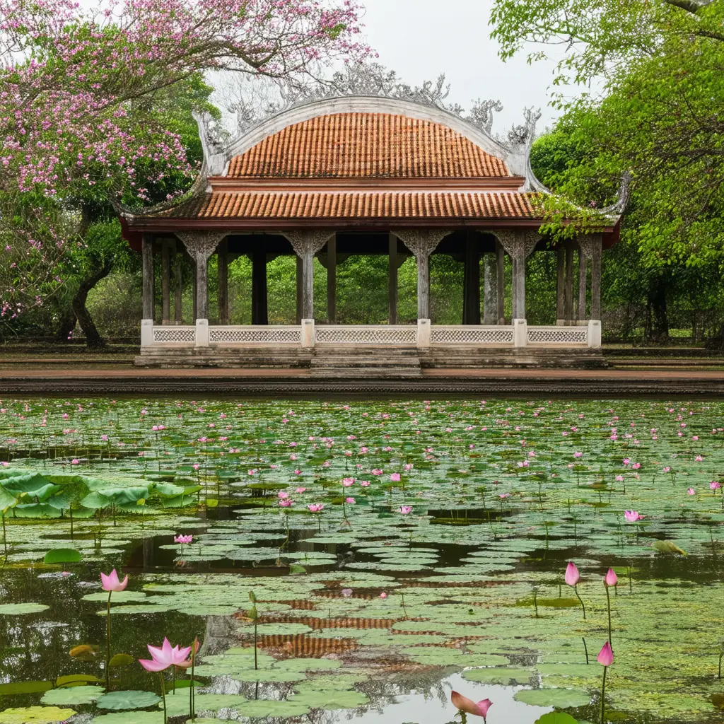 Tu Duc tomb pavilion, a traditional wooden royal pavilion reflected in a tranquil lotus pond, weathered red-tiled curved roof and frangipani trees in bloom under soft overcast light