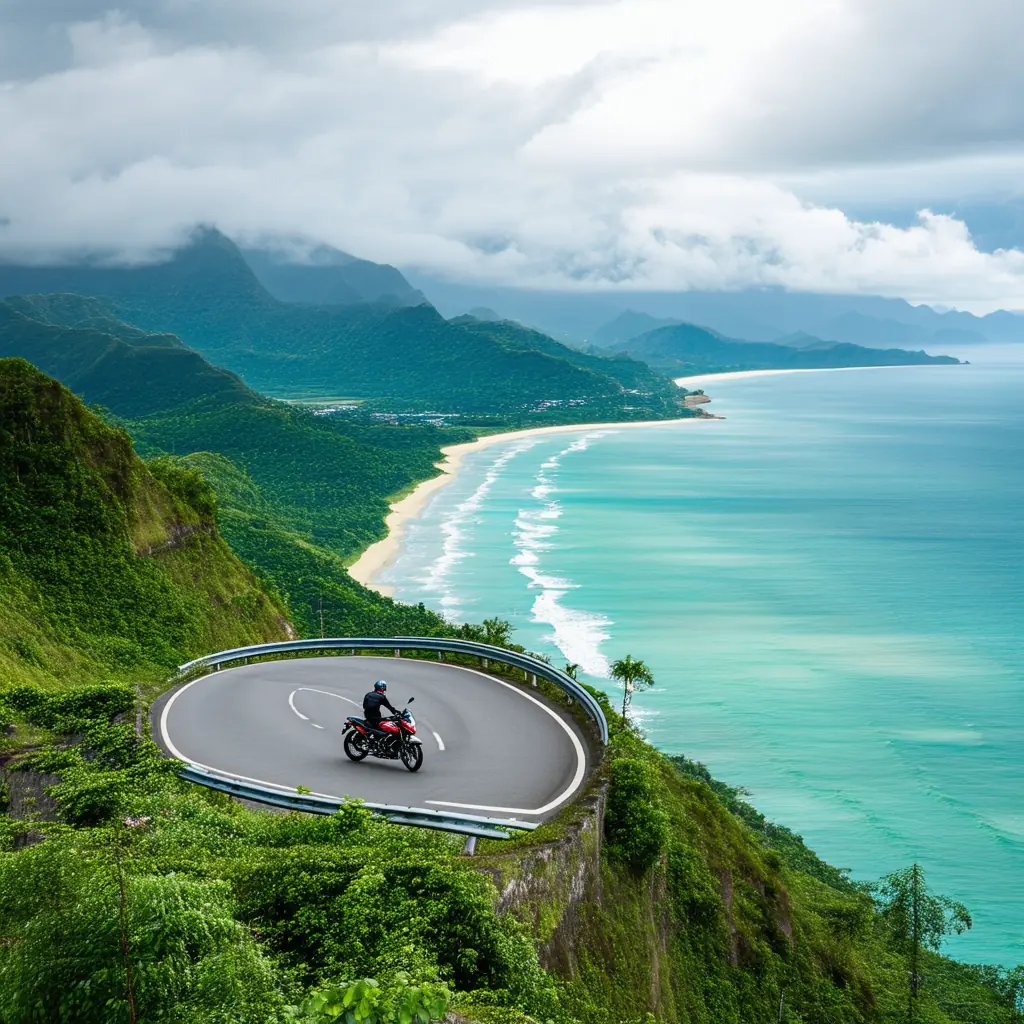 Motorcyclist on the winding coastal mountain road at Hai Van Pass overlooking turquoise sea, distant Lang Co beach, and lush green hillsides under dramatic afternoon clouds