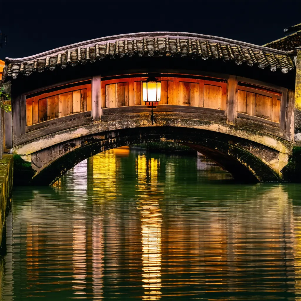 The 16th-century Japanese Covered Bridge in Hoi An, a wooden bridge with a curved tiled roof spanning a small canal under soft warm lantern light at dusk