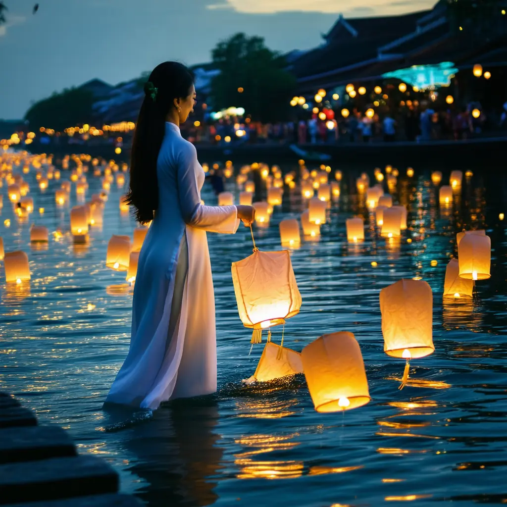 A woman in a white ao dai placing a glowing paper lantern onto the dark Thu Bon River with dozens of floating candles drifting downstream