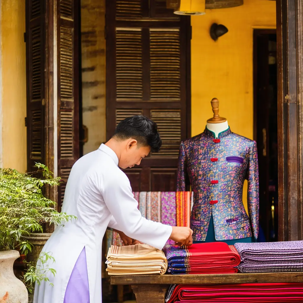 A master tailor in a Hoi An shop measuring fabric beside rolls of colorful silk and cotton, with mannequins in tailored ao dai and suits in warm afternoon light