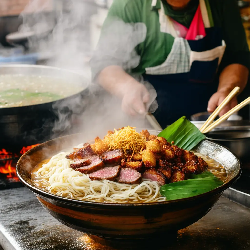 A steaming bowl of cao lau noodles topped with pork, crispy croutons, and fresh herbs at a Hoi An street stall, with a vendor in apron behind a charcoal pot