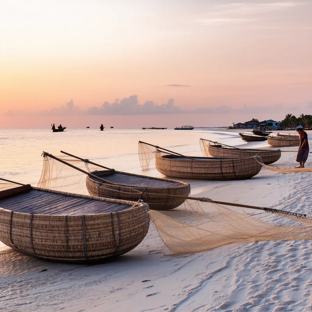 Traditional round bamboo basket boats on the white sand at An Bang Beach near Hoi An, fishermen pulling nets at the water's edge under a soft pink and gold sunrise sky