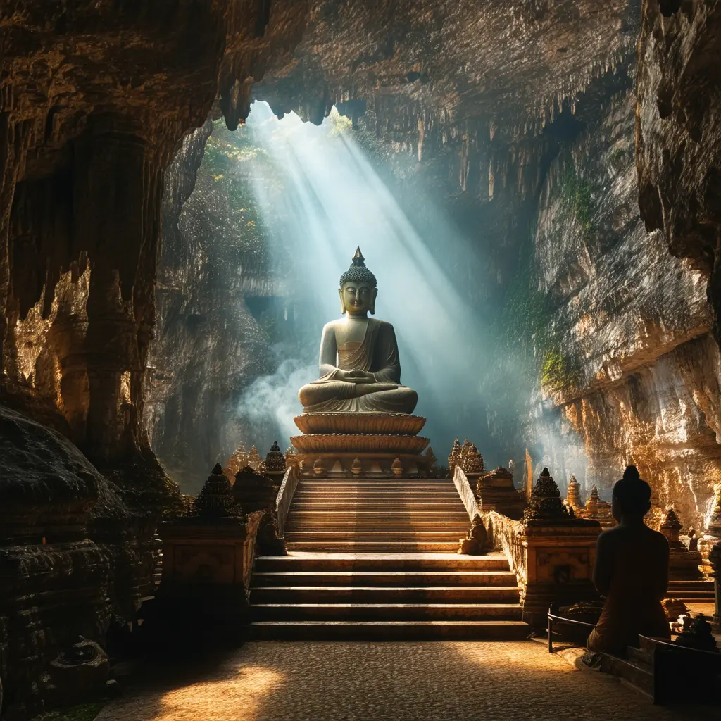 An ancient Buddha statue inside a vast natural cave temple at the Marble Mountains, a shaft of daylight piercing through an opening above through incense smoke and weathered stone