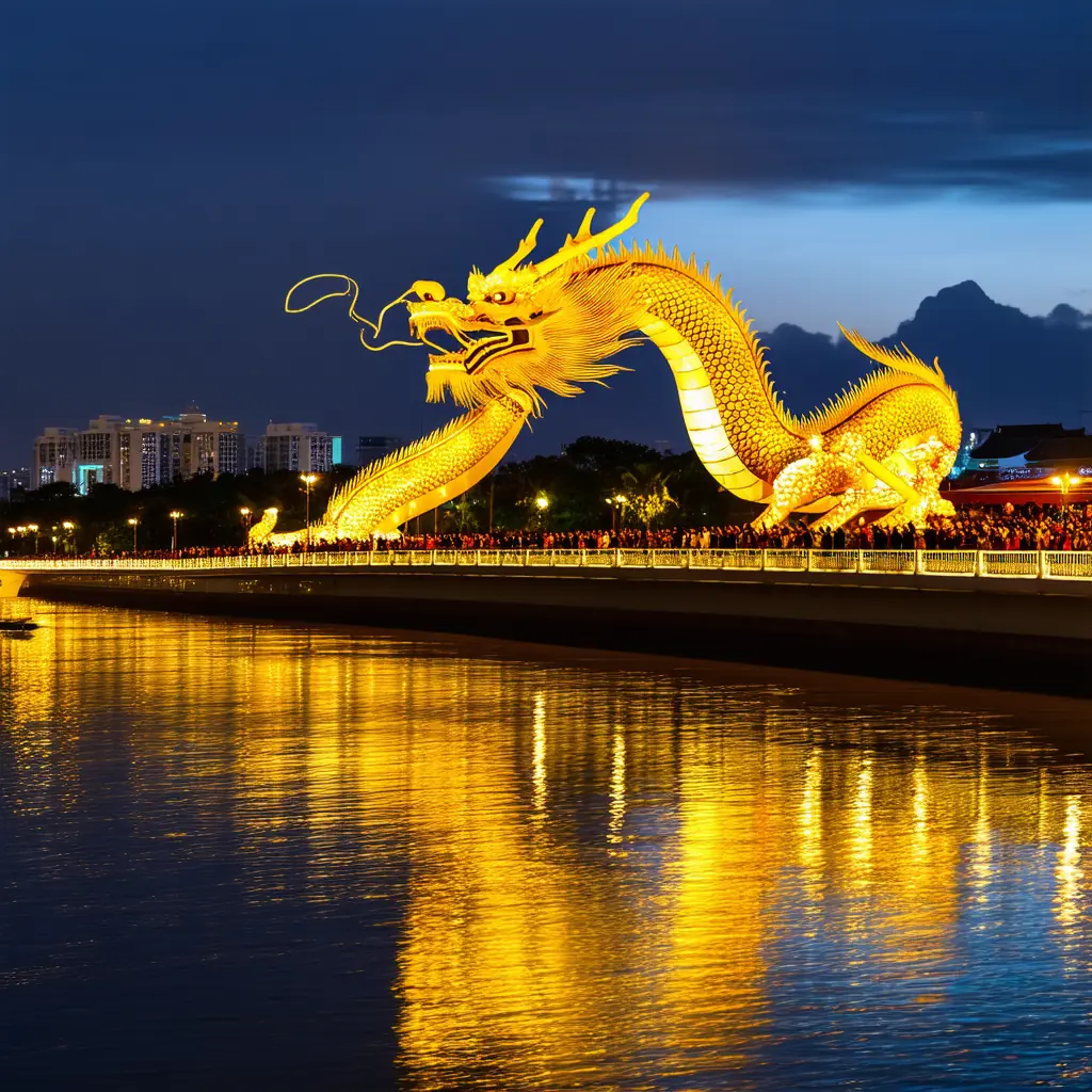 The Dragon Bridge at night with a massive yellow steel dragon arching over the Han River breathing fire from its mouth and an illuminated Da Nang cityscape behind