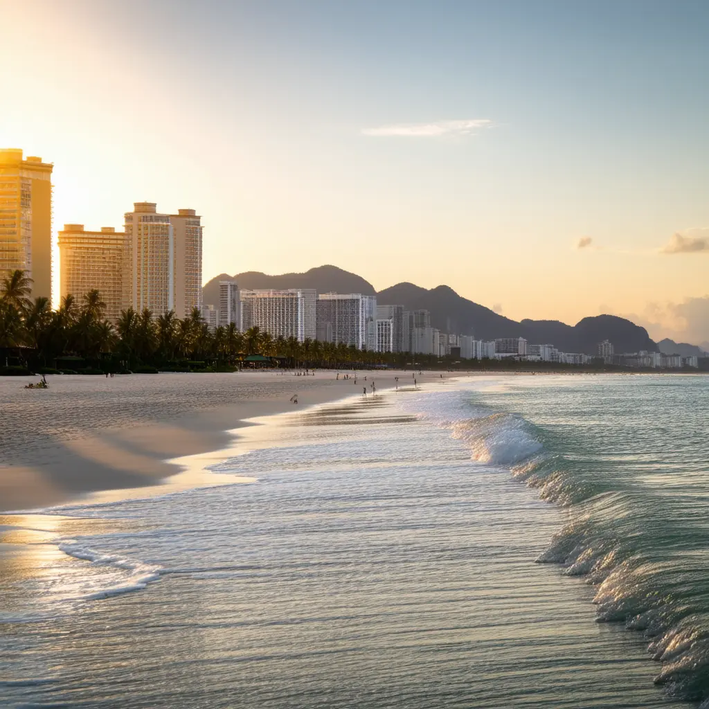 Gentle waves washing onto the long white sand of My Khe Beach with palm trees and high-rise hotels in the distance under warm sunset light