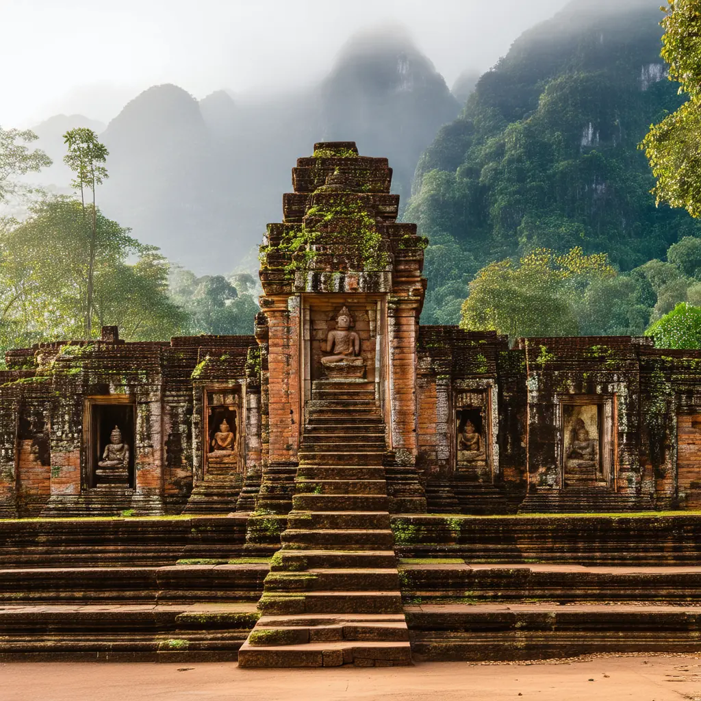 Ancient red-brick Cham Hindu temple ruins at My Son Sanctuary at sunrise, overgrown with moss and vines, weathered carvings and stone lingams in soft morning mist