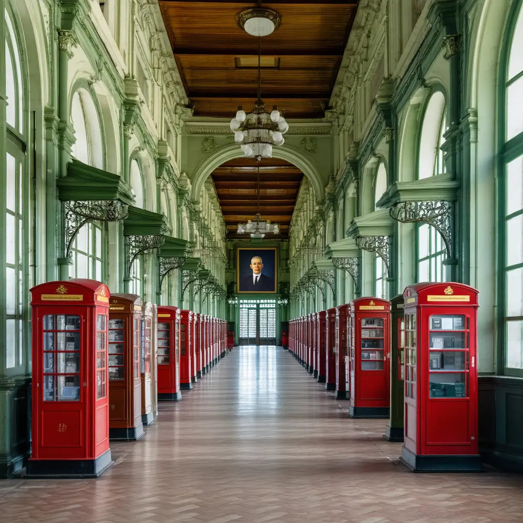 The Saigon Central Post Office interior, an ornate French colonial hall with arched green-painted ironwork, vintage wooden phone booths, vaulted ceiling, and a large portrait of Ho Chi Minh