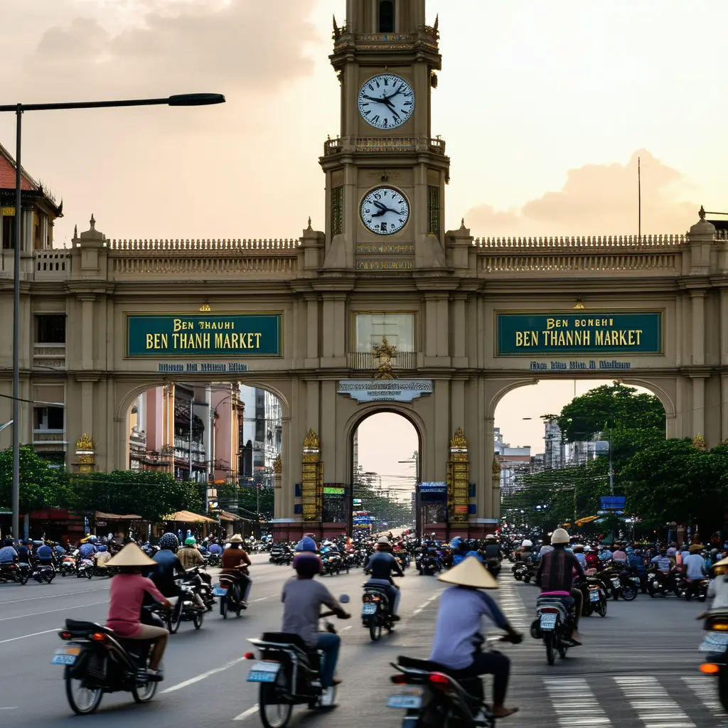 The iconic clock-tower facade of Ben Thanh Market above a busy street with motorbikes and cyclos passing in front and vendors with conical hats outside in warm evening light