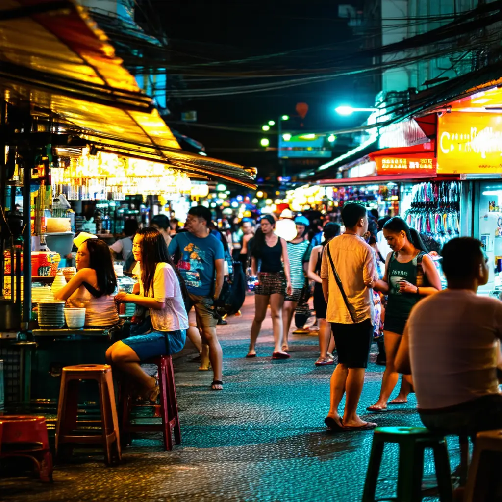 Bui Vien walking street at night, a neon-lit backpacker district packed with bars, food carts, and travelers seated on plastic stools