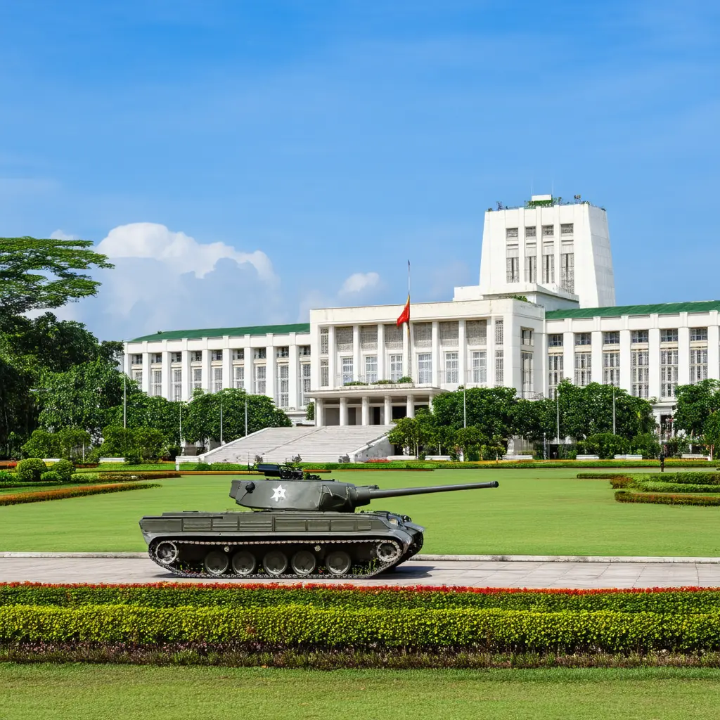 The Reunification Palace, a modernist 1960s government building with a manicured lawn and a vintage tank on display in the foreground under a blue afternoon sky
