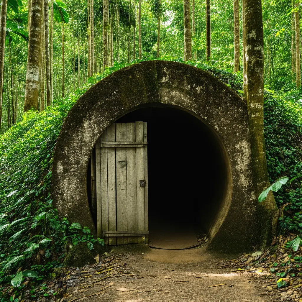 A narrow earthen tunnel entrance at the Cu Chi Tunnels hidden among jungle leaves with a weathered wooden trapdoor and dappled tropical light filtering through the canopy