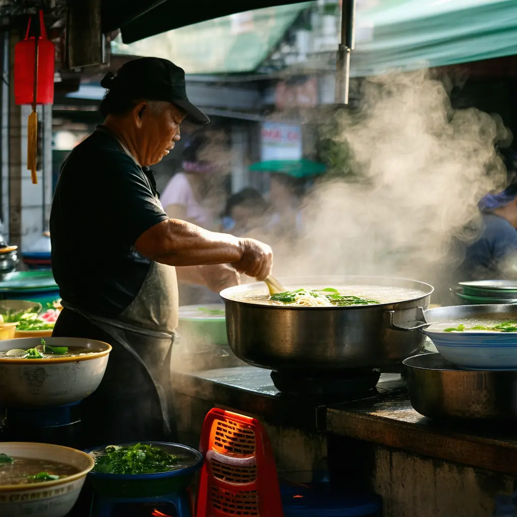 A Saigon street pho stall at dawn with steaming bowls of beef noodle soup, fresh herbs and lime, and a vendor ladling broth from a giant simmering pot for customers on tiny plastic stools