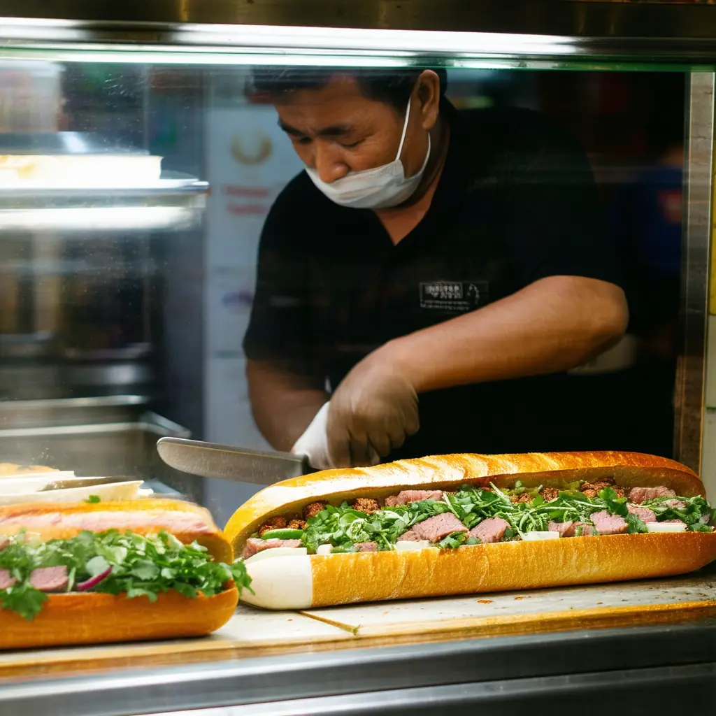 A banh mi street cart at night with a vendor slicing crusty baguette filled with pate, pickled vegetables, fresh cilantro, and grilled pork in a warmly lit glass case