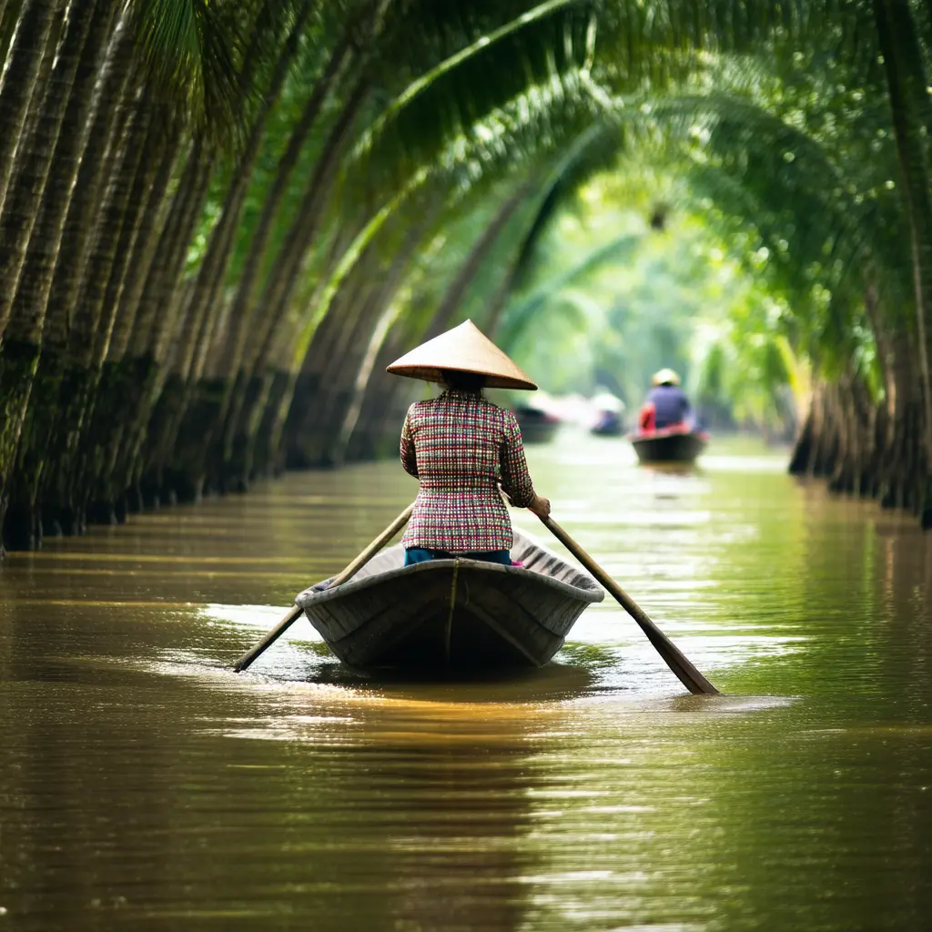 A woman in a conical hat rowing a narrow wooden sampan through a tunnel of water coconut palms with dappled green light on the muddy water