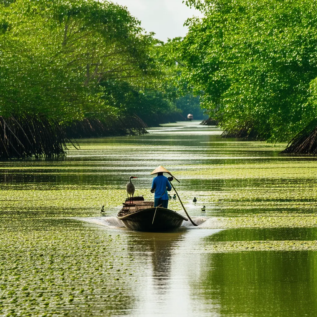 A narrow boat gliding through a vivid green carpet of duckweed beneath flooded cajuput trees in the Tra Su forest, with herons and storks in the canopy