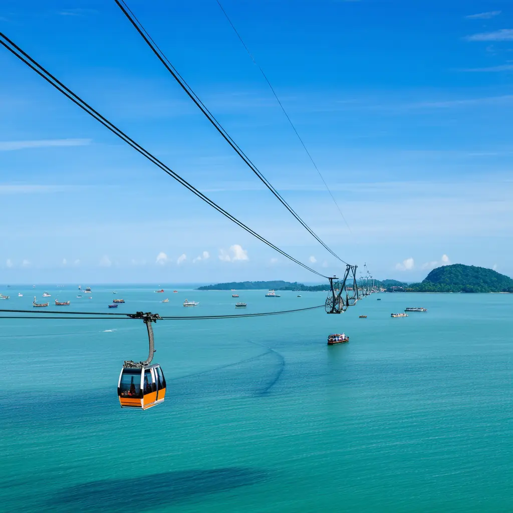 The Hon Thom cable car, the world&rsquo;s longest over-sea gondola, crossing turquoise waters between tropical islands off Phu Quoc with fishing boats far below under a blue afternoon sky