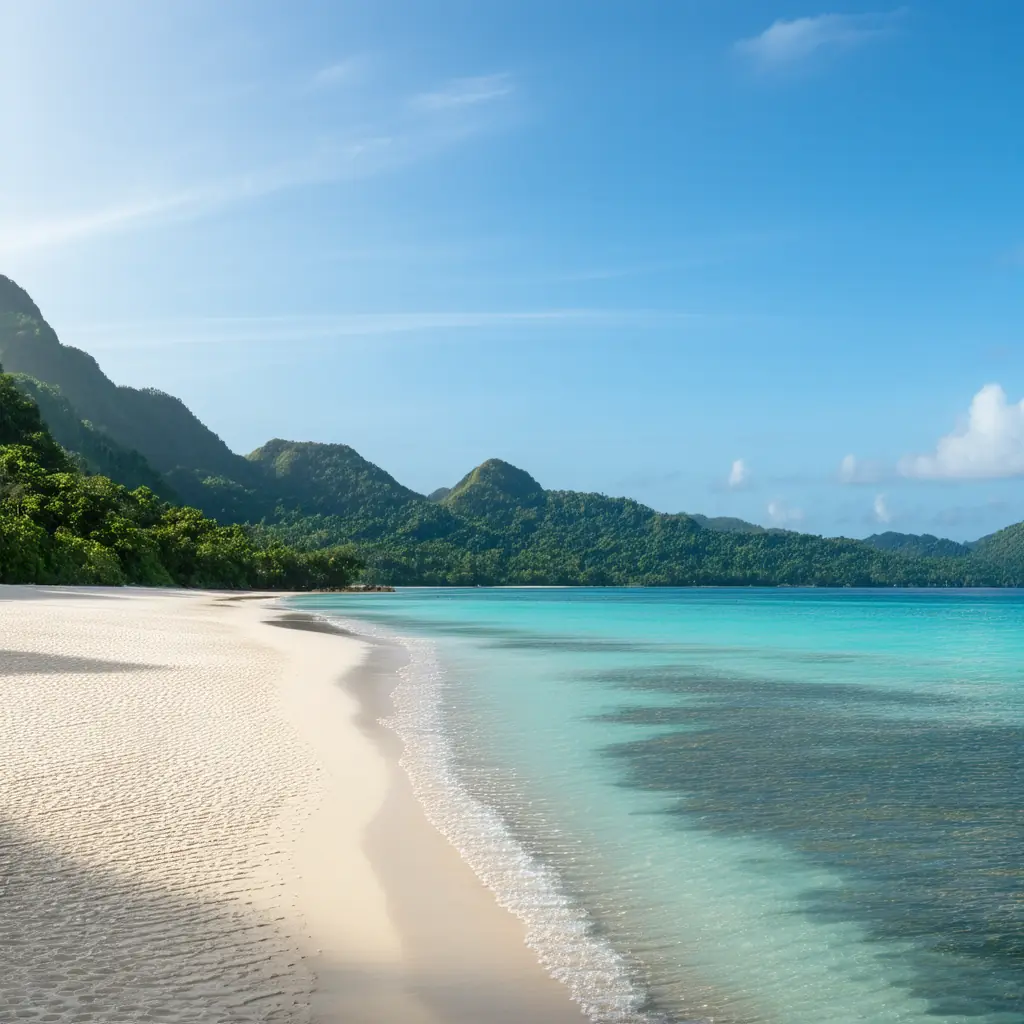 A secluded crescent beach of fine white sand on Con Dao backed by jungle-covered hills with clear turquoise water and no people in soft morning light