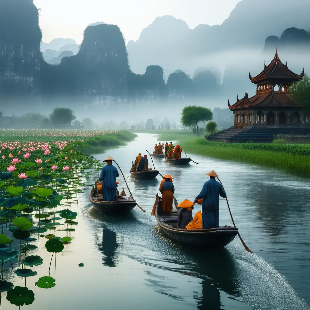 Small wooden rowboats carrying pilgrims along the Yen Stream between karst cliffs and lotus fields toward the Perfume Pagoda complex on the misty mountainside, a day-trip pilgrimage from Hanoi