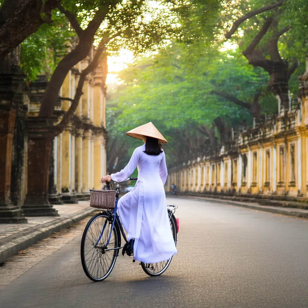 A woman in a flowing white ao dai and conical hat cycling a vintage bicycle past French colonial architecture along a tree-lined boulevard in golden hour light