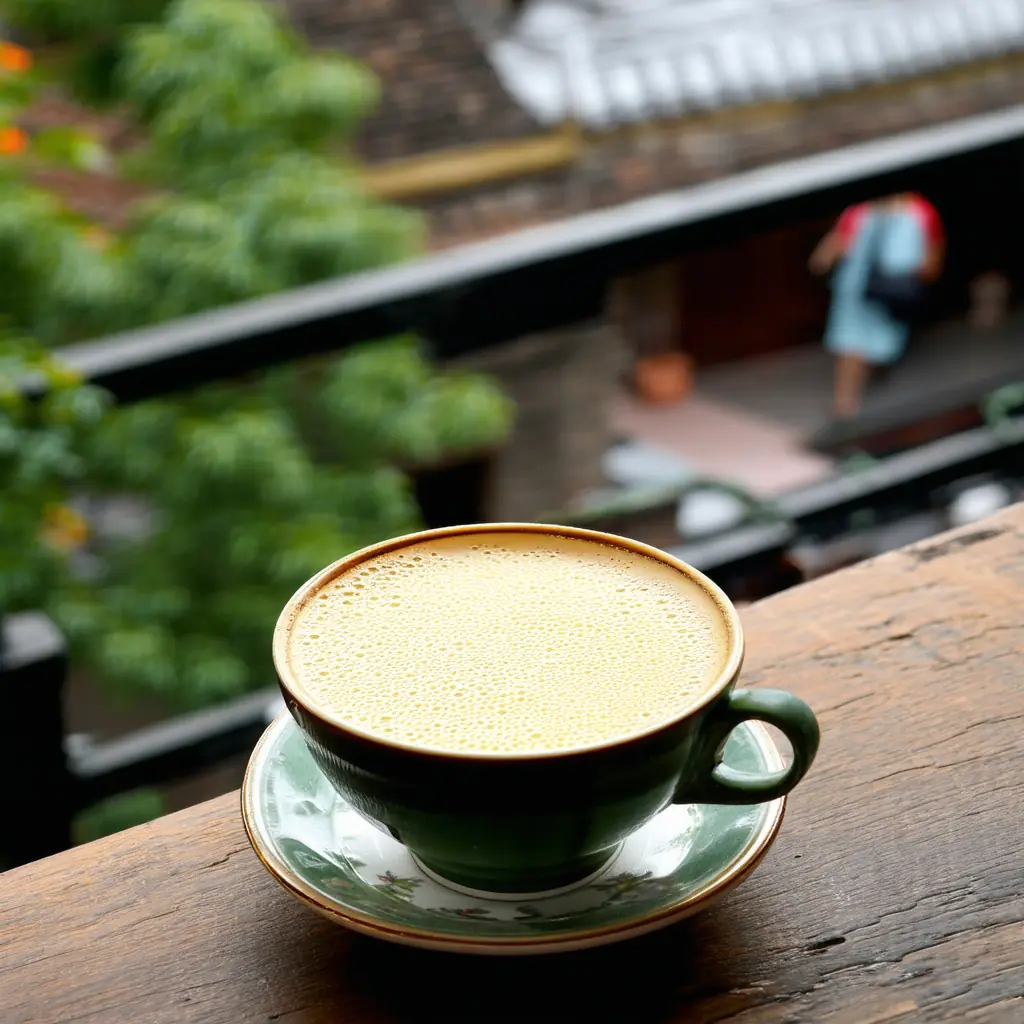 Vietnamese egg coffee at a balcony cafe in Hanoi, a small ceramic cup of creamy whipped egg yolk over dark robusta coffee with Old Quarter rooftops below in soft afternoon light